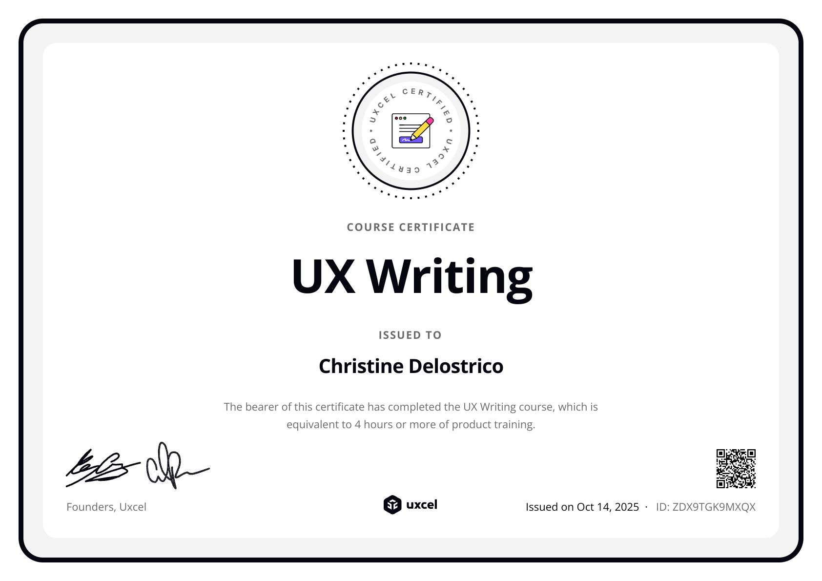 Christine Delostrico's certificate